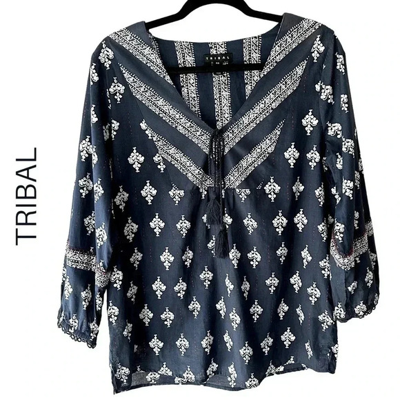 TRIBAL | NWOT | BOHO LONG SLEEVED BLOUSE NAVY BLUE | SIZE: PETITE SMALL - Picture 1 of 10
